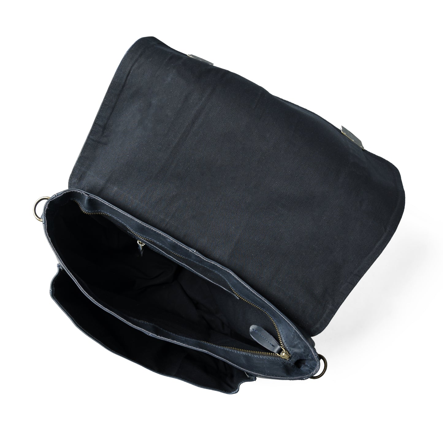 Open waxed leather laptop briefcase showing the lined interior and storage compartments