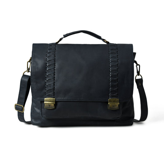 Front view of waxed leather laptop briefcase showing pockets, closure, and hardware