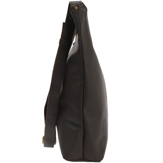 Dark brown Elaine leather shoulder bag, side view showing slim depth and adjustable strap