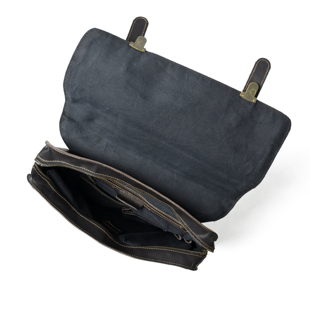 Open black Hawthorne laptop briefcase showing cotton-lined interior and storage compartments