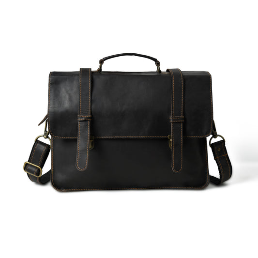 Front view of waxed buffalo leather laptop briefcase showing pockets, closure, and hardware
