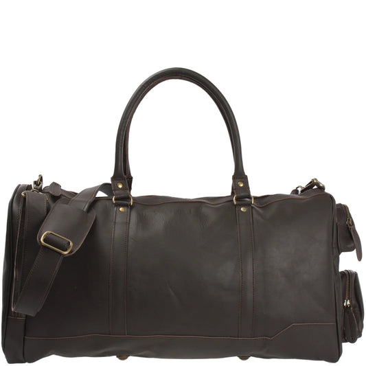 Dark brown Heritage leather weekender duffel, front view with top handles, side pockets, and shoulder strap