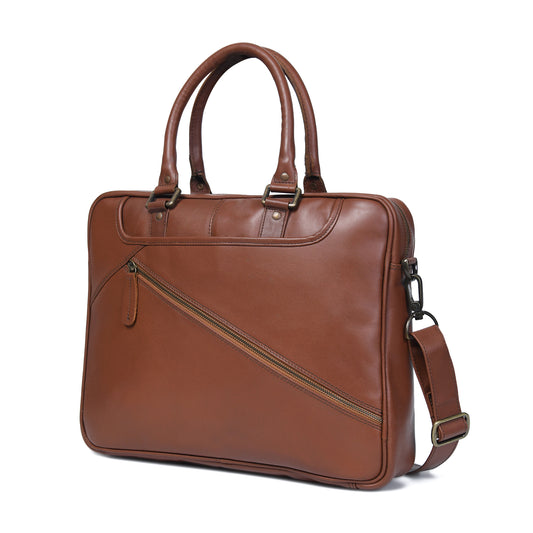 Cuiravo Lucien slim leather briefcase, angled front view with rolled handles and diagonal zipper detail