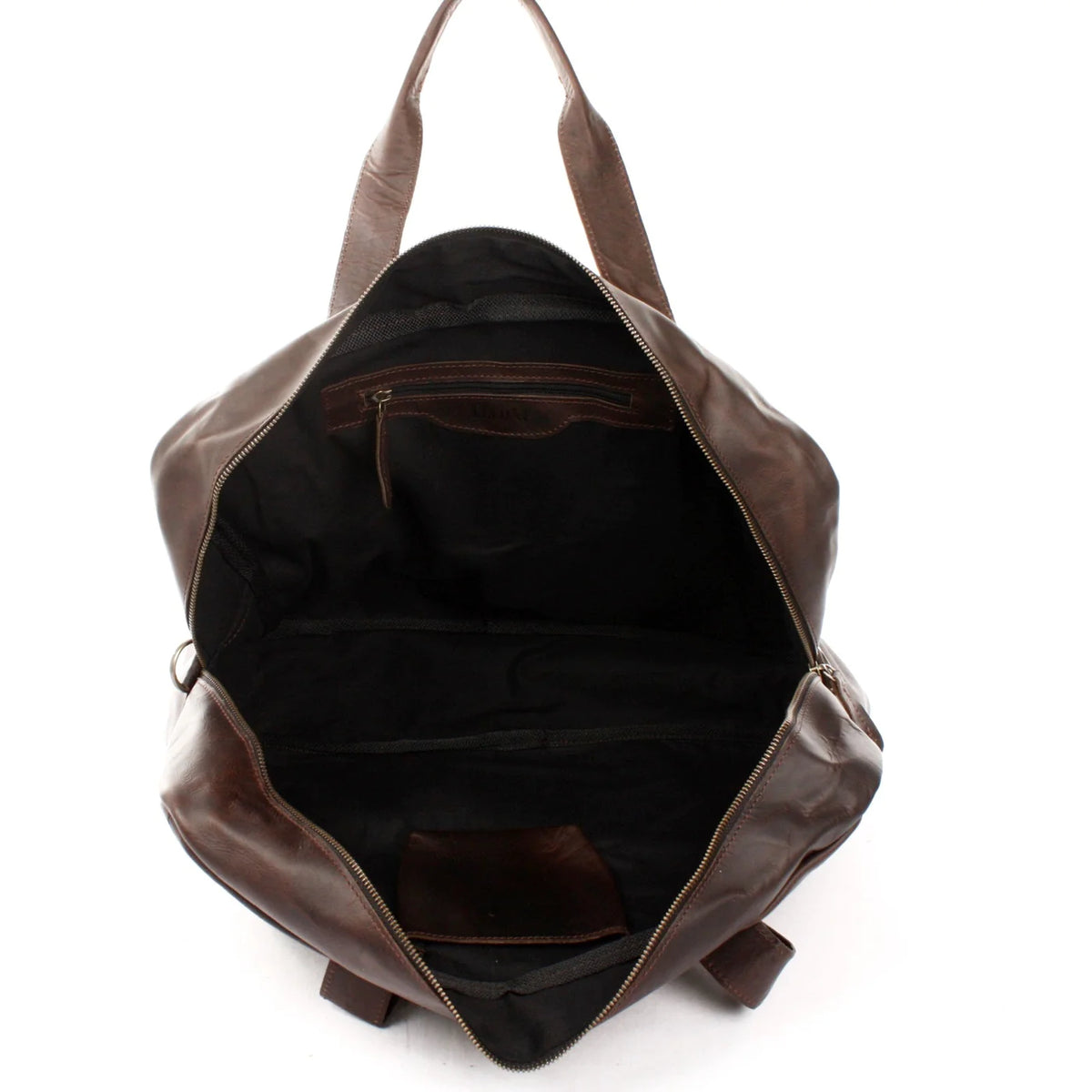 Open Marlow travel bag showing black lining, interior zipper pocket, slip pockets, and roomy main compartment