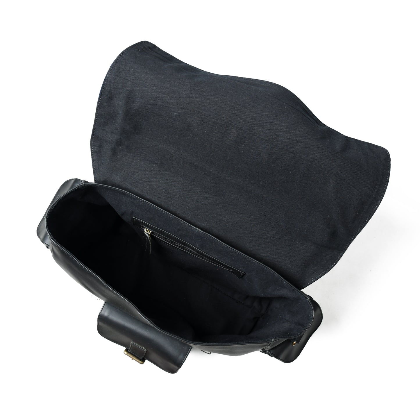 Open waxed leather laptop briefcase showing the lined interior and storage compartments