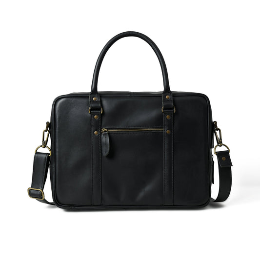 Black Rothwell waxed leather laptop briefcase, rear view showing back panel and strap attachments