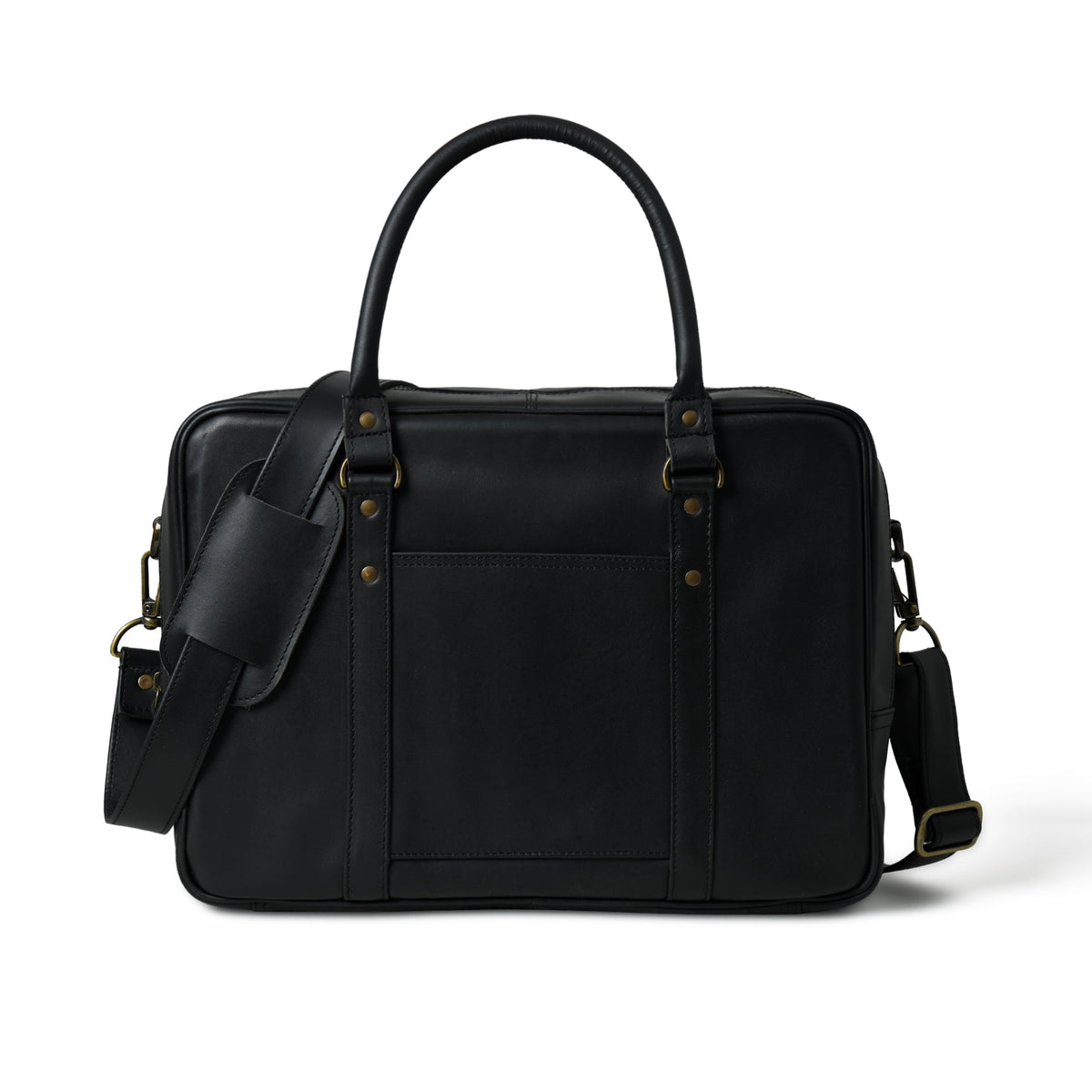 Black Rothwell waxed leather laptop briefcase, front view showing pockets, closure, and brass hardware