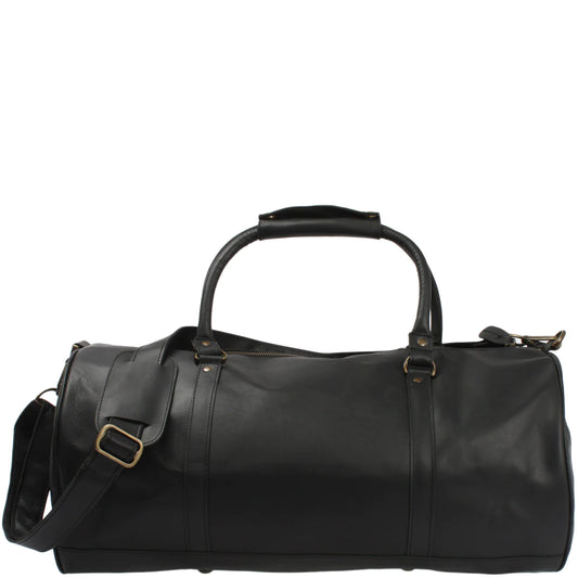 Black Voyager leather weekender duffel, front view with top handles, zip opening, and detachable shoulder strap