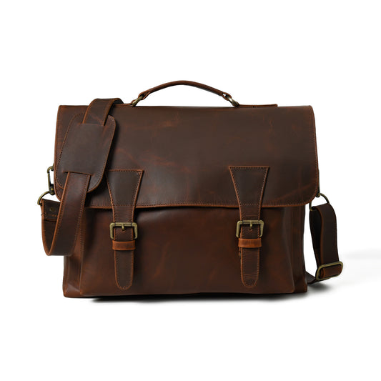 Front view of waxed leather laptop briefcase showing pockets, closure, and hardware