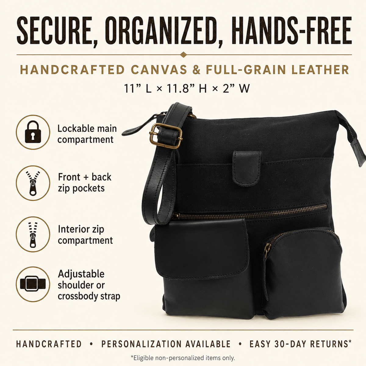 Cuiravo Arden handcrafted canvas and full-grain leather crossbody bag features, secure pockets, dimensions and personalization