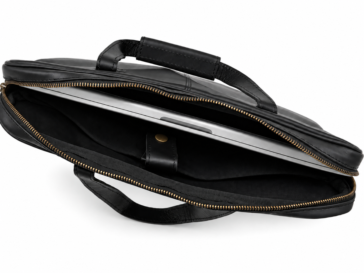 Open black Cuiravo Ashford laptop briefcase showing lined interior and device compartment
