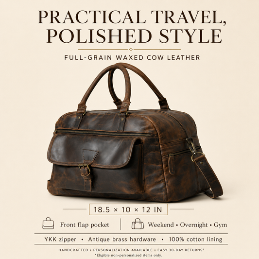 Cameron full-grain waxed leather weekender duffel features, dimensions and eligible return details