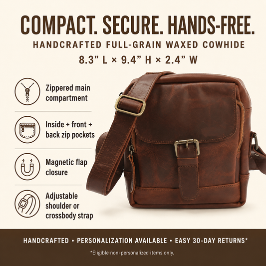 Cuiravo Noa handcrafted full-grain waxed leather crossbody bag features, secure zip pockets, dimensions and personalization