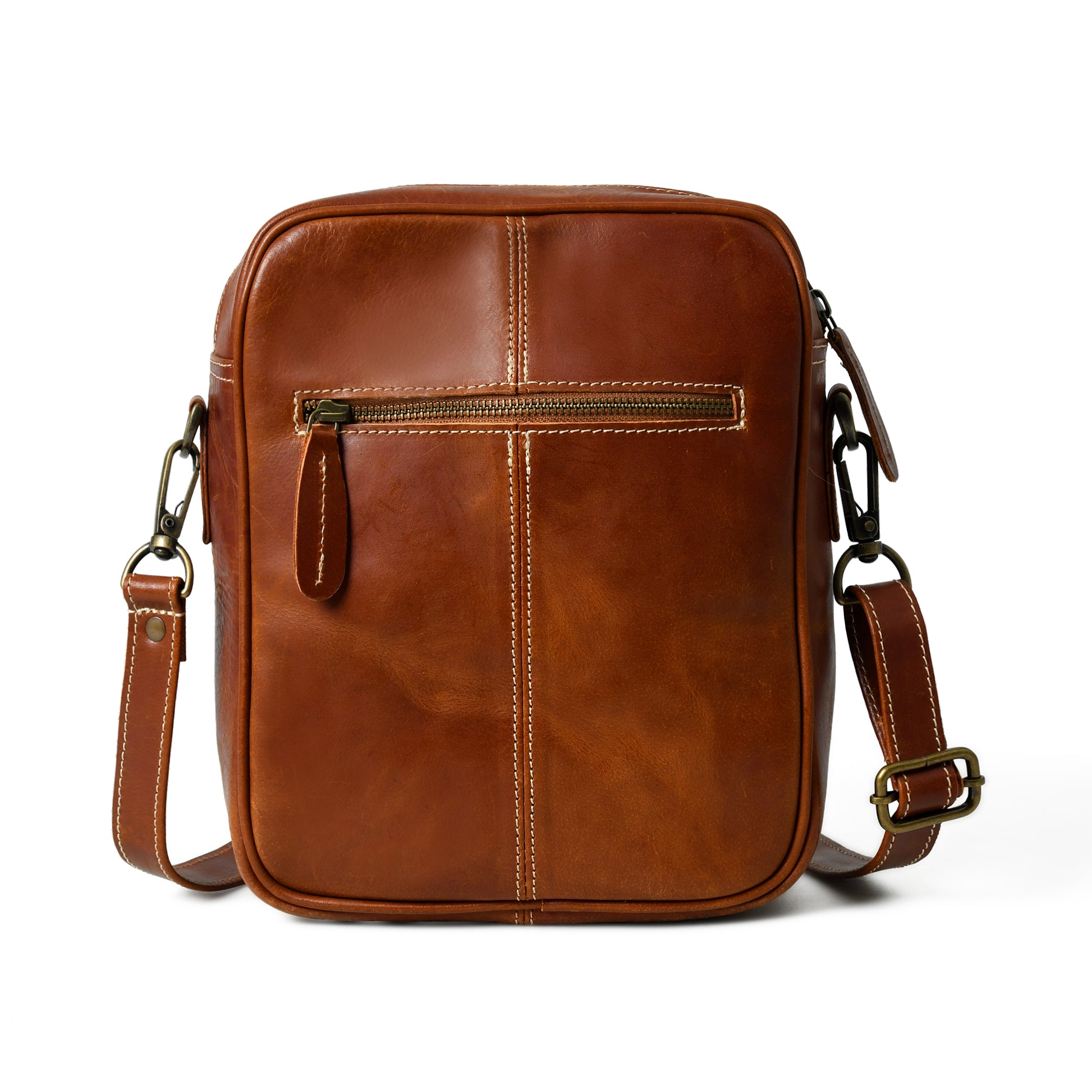 Rear view of waxed buffalo leather crossbody bag showing the back panel and strap attachments
