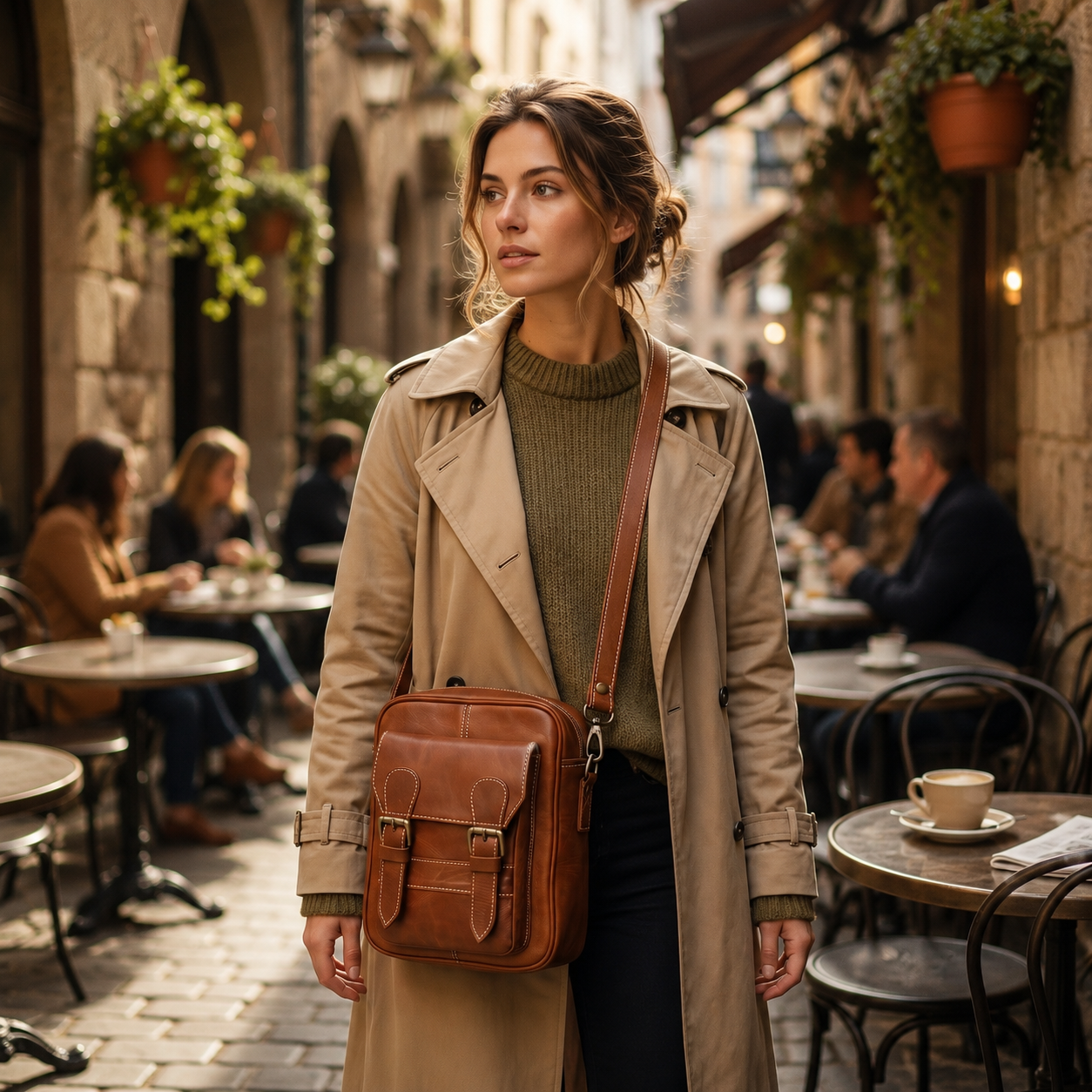 A woman standing on a cobblestone street at an outdoor cafe, wearing a beige trench coat over an olive green sweater and carrying a brown Cuiravo Alara leather crossbody bag.