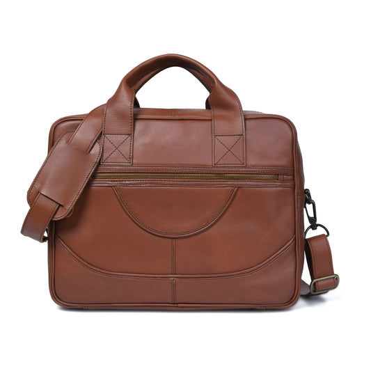 Cuiravo Aldric chestnut leather laptop briefcase, front view with dual compartments and shoulder strap