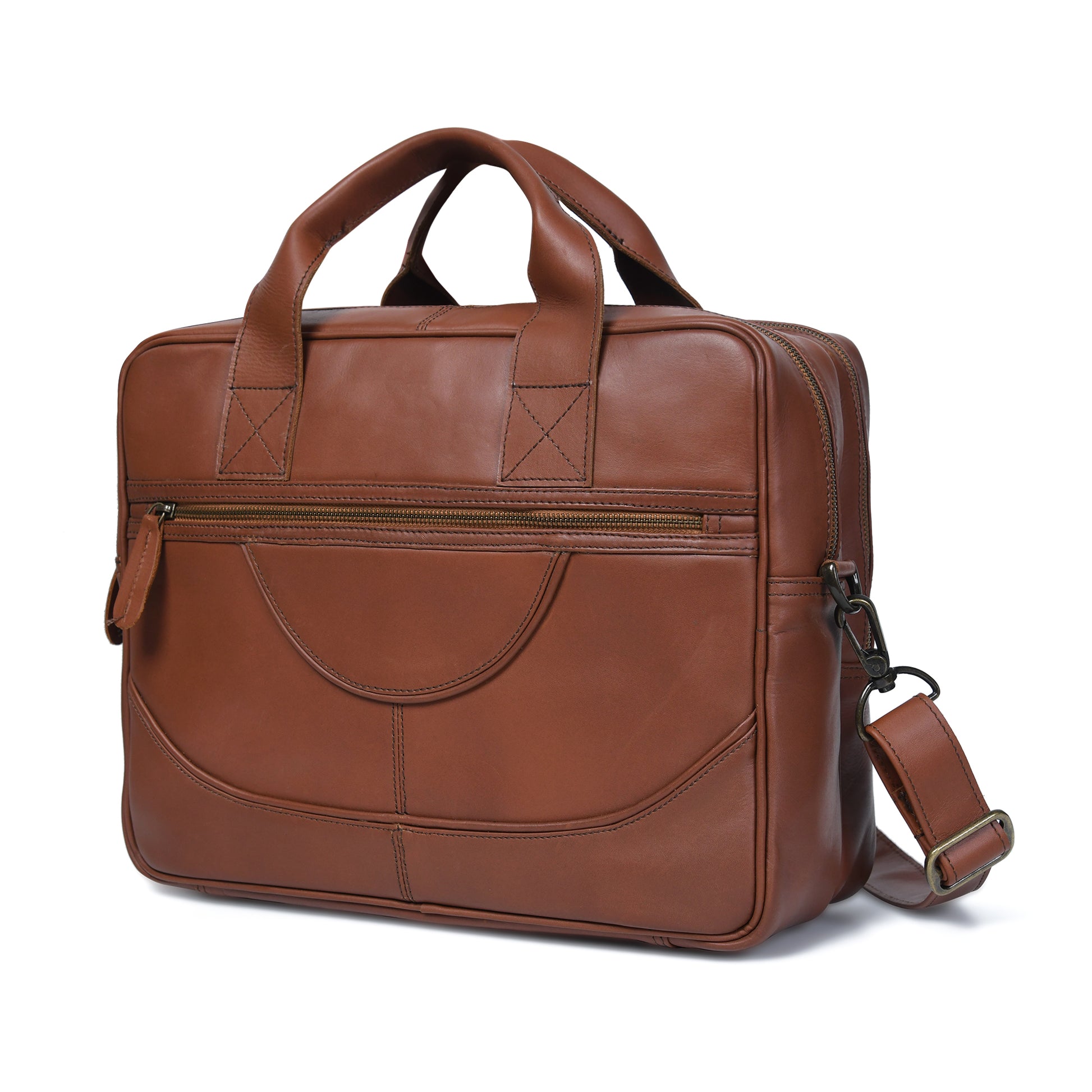 Cuiravo Aldric chestnut leather briefcase, angled front view showing deep profile and exterior zip pockets