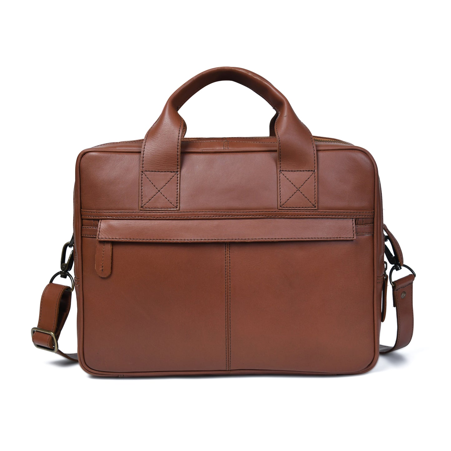 Cuiravo Aldric leather laptop briefcase, rear view with full-width exterior pocket and shoulder strap