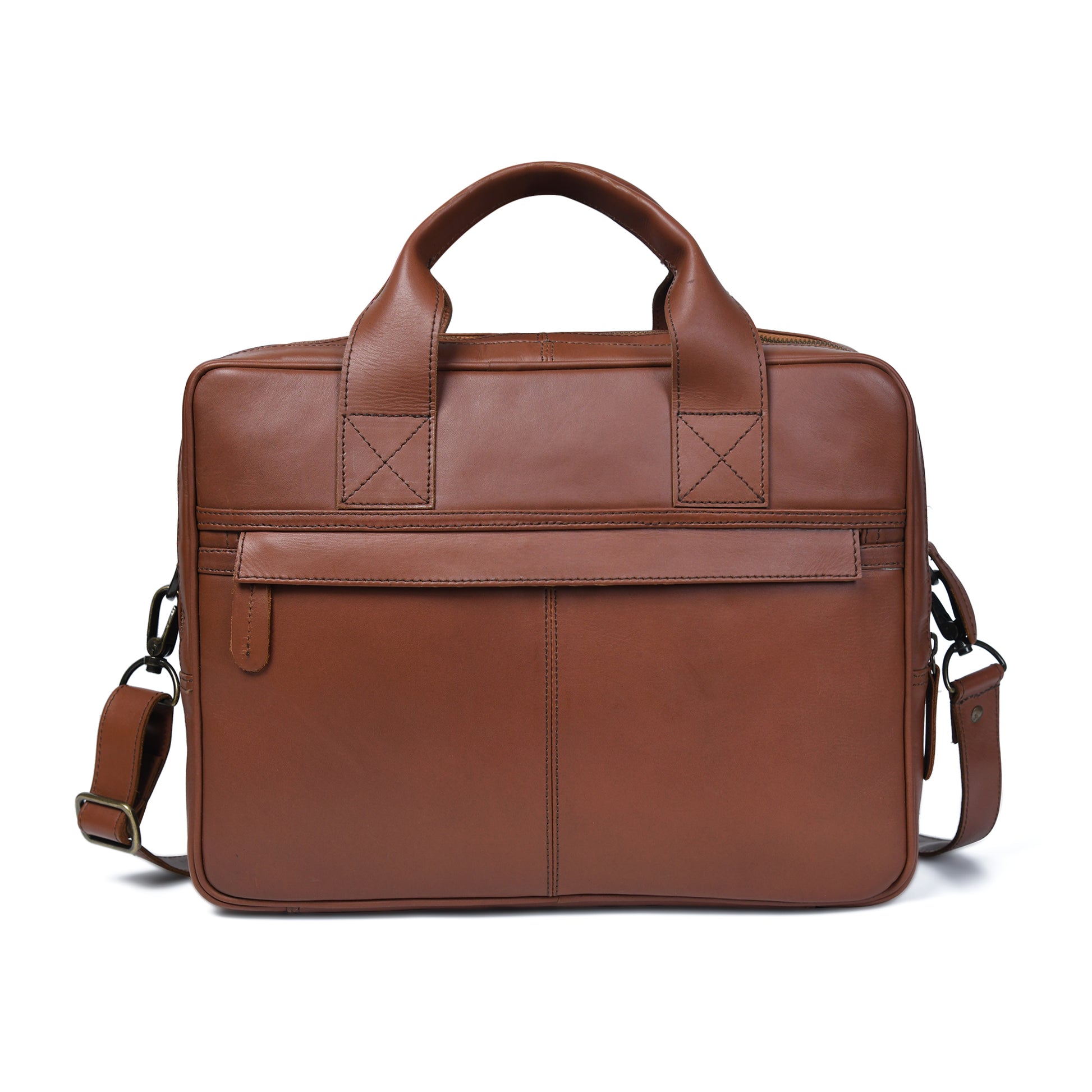 Cuiravo Aldric leather laptop briefcase, rear view with full-width exterior pocket and shoulder strap