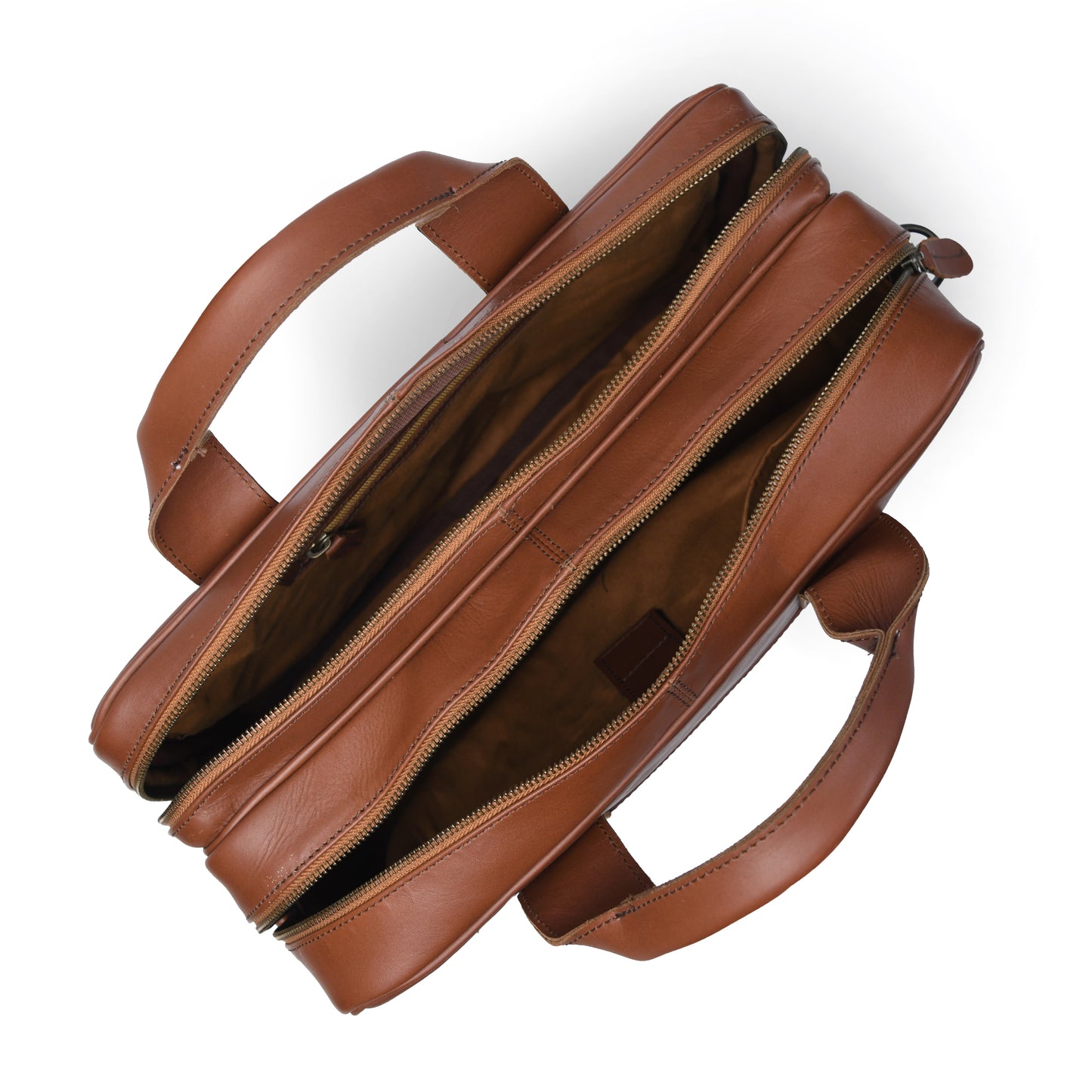 Open Cuiravo Aldric briefcase showing two zip compartments, fabric lining, and interior organizer pocket