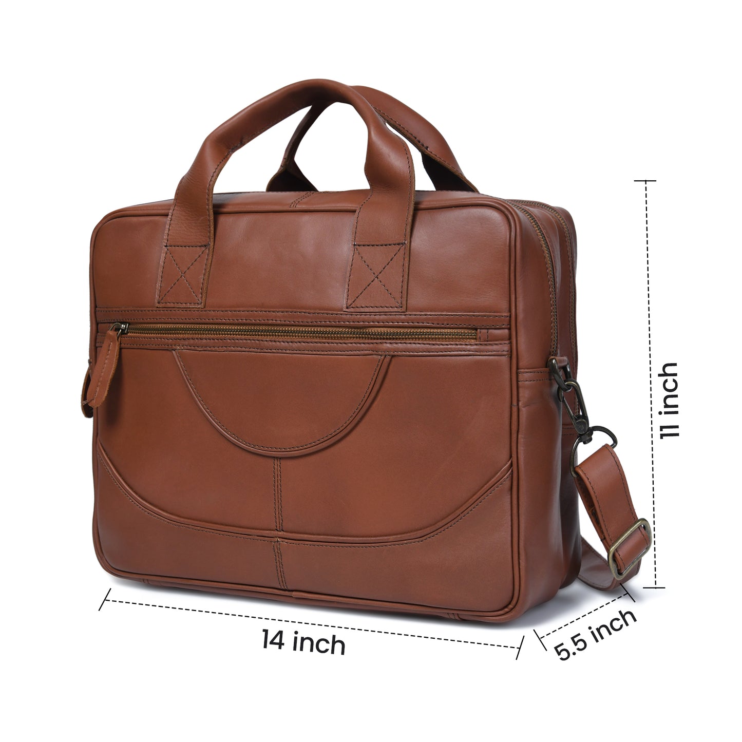 Cuiravo Aldric leather briefcase dimensions: 14 inches long, 11 inches high, and 5.5 inches wide