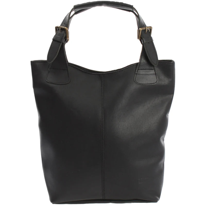 Black Amara waxed leather shopper, front view with adjustable handles and antique brass buckles