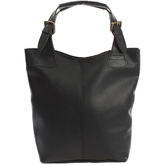 Black Amara waxed leather shopper, front view with adjustable handles and antique brass buckles