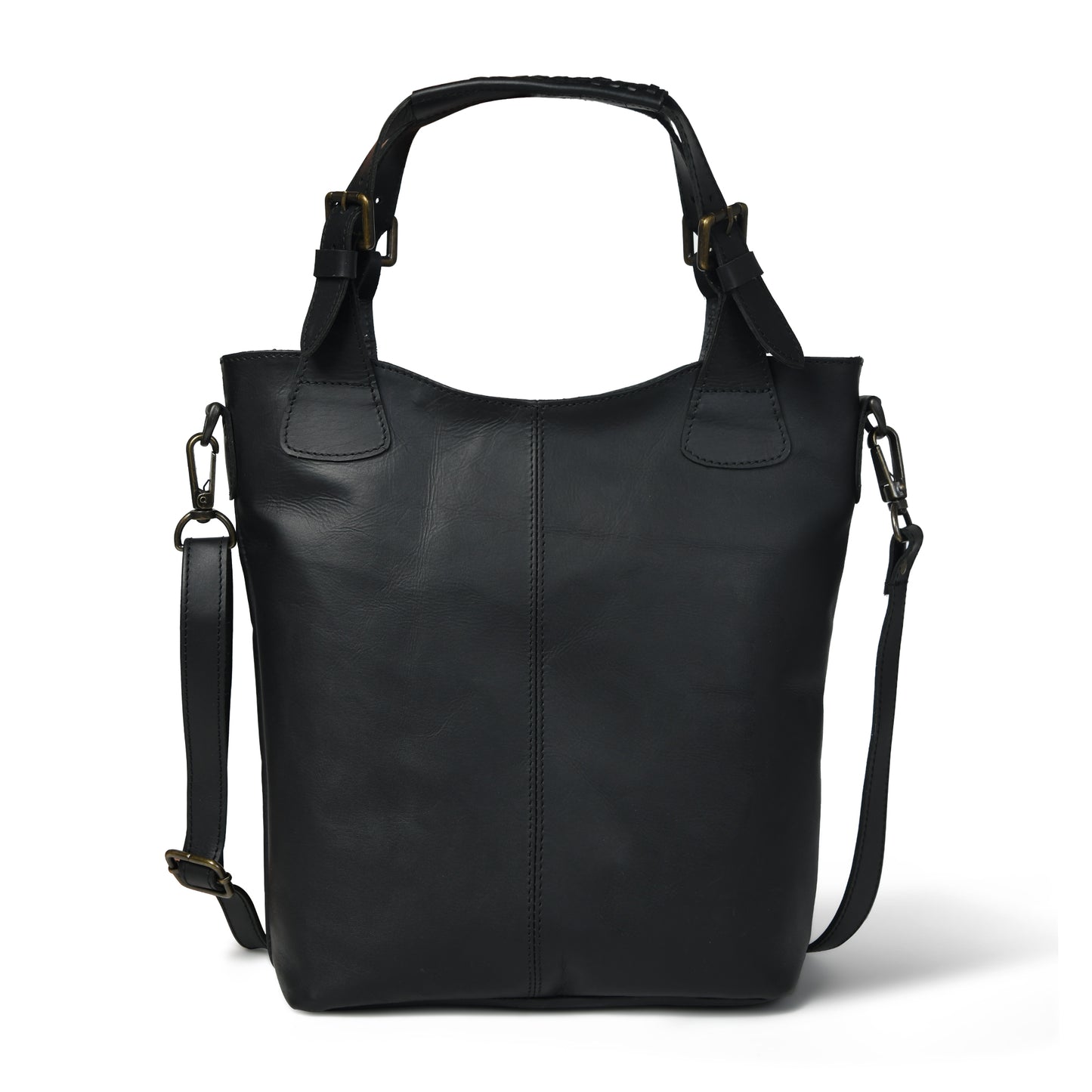 Black Amara leather shopper, front view with short handles and detachable shoulder strap