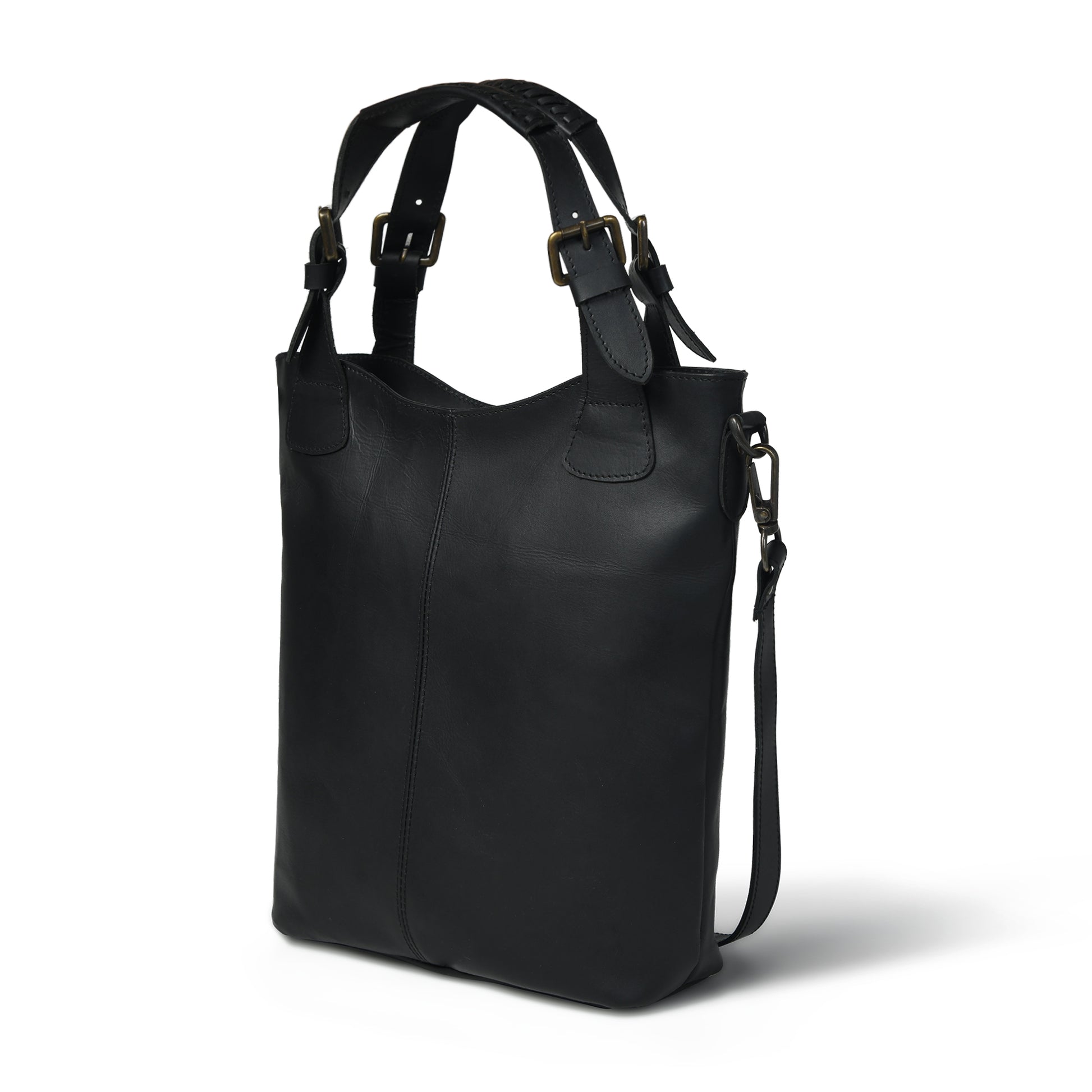 Black Amara leather shopper, angled view showing adjustable handles, side hardware, and long strap
