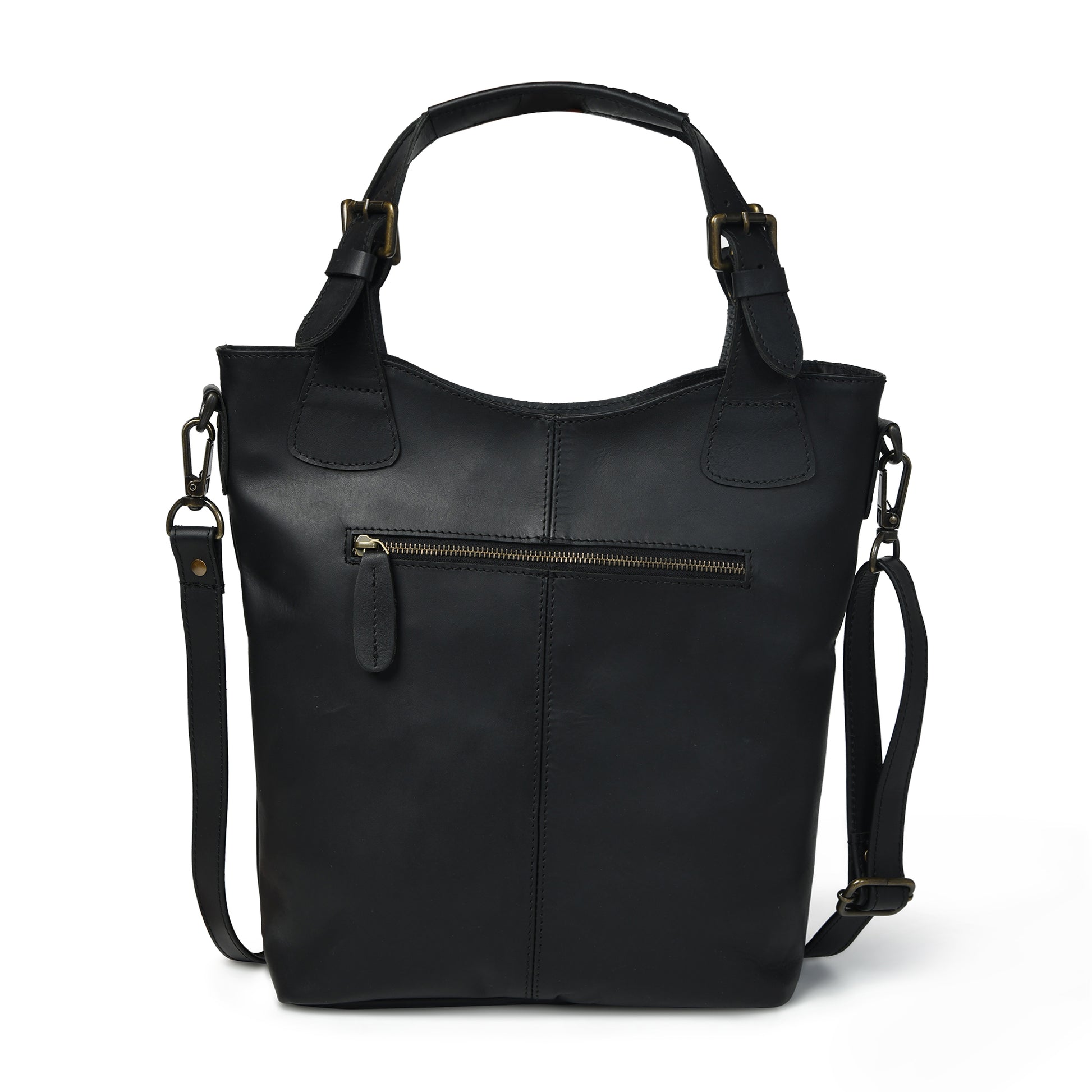 Black Amara leather shopper, rear view with zip pocket, leather pull, and detachable shoulder strap