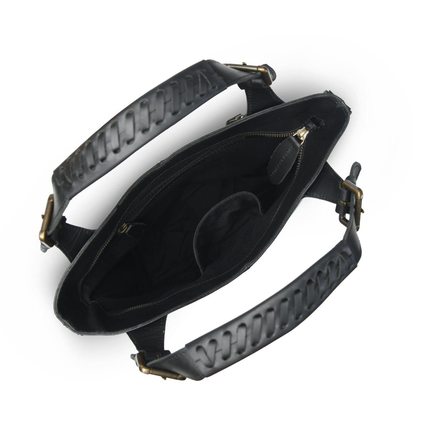 Open black Amara shopper showing fabric lining, main zipper, interior pocket, and woven leather handles
