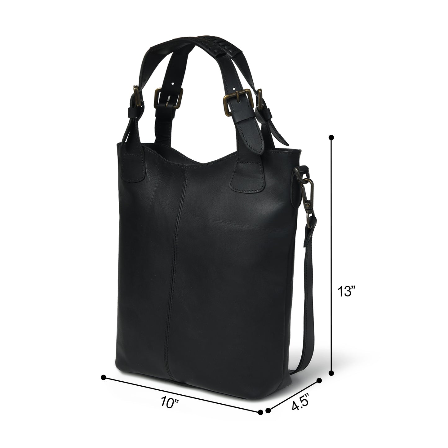 Black Amara shopper with size guide showing 10-inch width, 13-inch height, and 4.5-inch depth