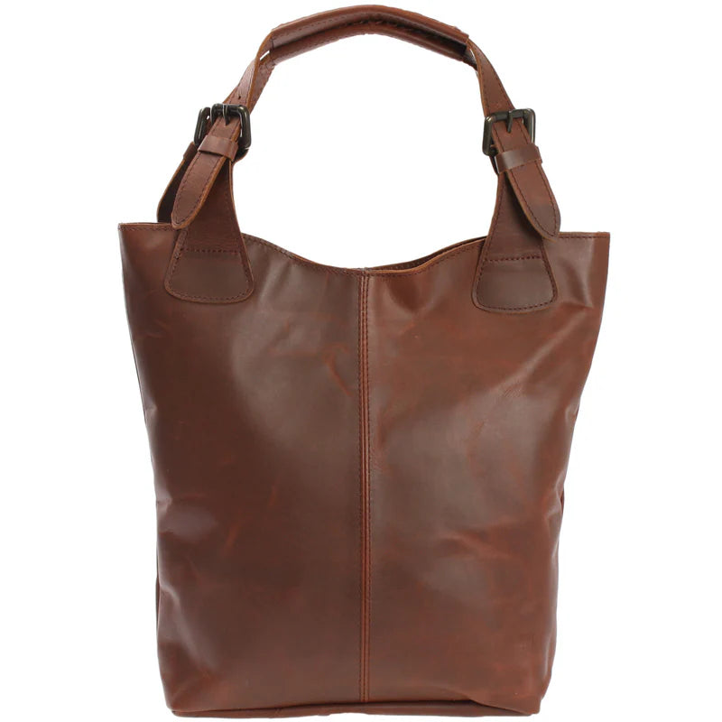 Brown Amara waxed leather shopper, front view with adjustable buckle handles and center seam