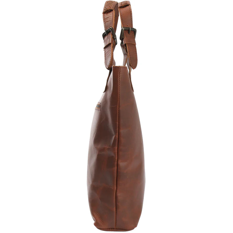 Brown Amara waxed leather shopper, side view showing bag depth, stitched panel, and adjustable handles