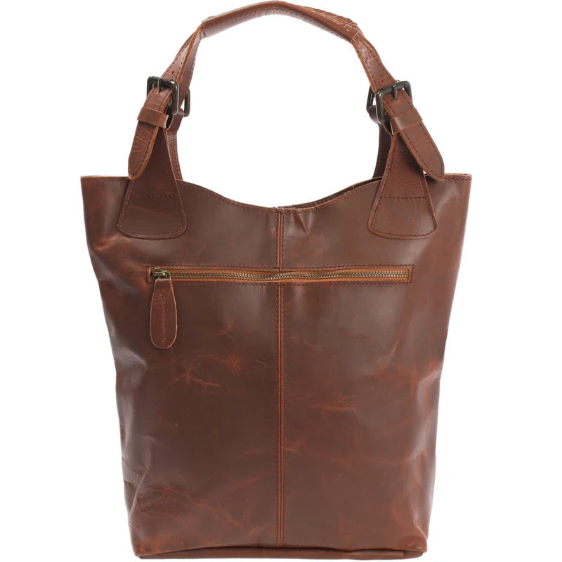 Brown Amara waxed leather shopper, rear view with horizontal zipper pocket and leather pull
