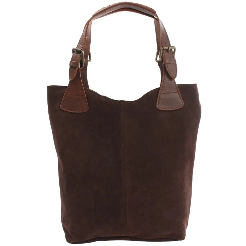 Dark brown suede Amara shopper, front view with smooth leather handles and adjustable buckles