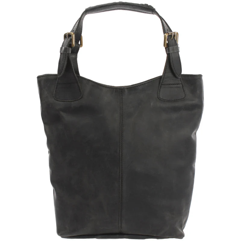 Gray Amara leather shopper, front view showing distressed finish, center seam, and buckle handles