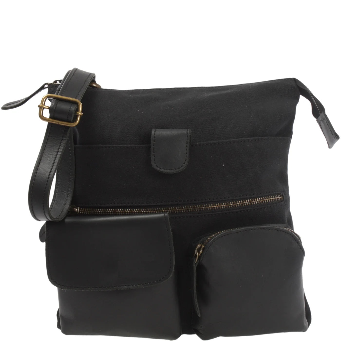 Black Arden canvas and cowhide crossbody bag, front view with leather pockets and adjustable buckle strap