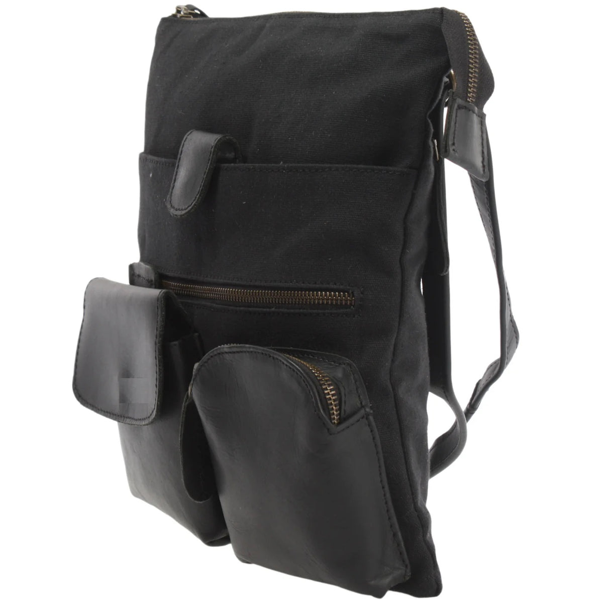 Black Arden crossbody bag, angled side view showing slim profile, front leather pockets, and top zipper