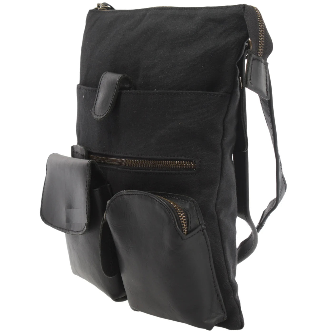 Black Arden crossbody bag, angled side view showing slim profile, front leather pockets, and top zipper