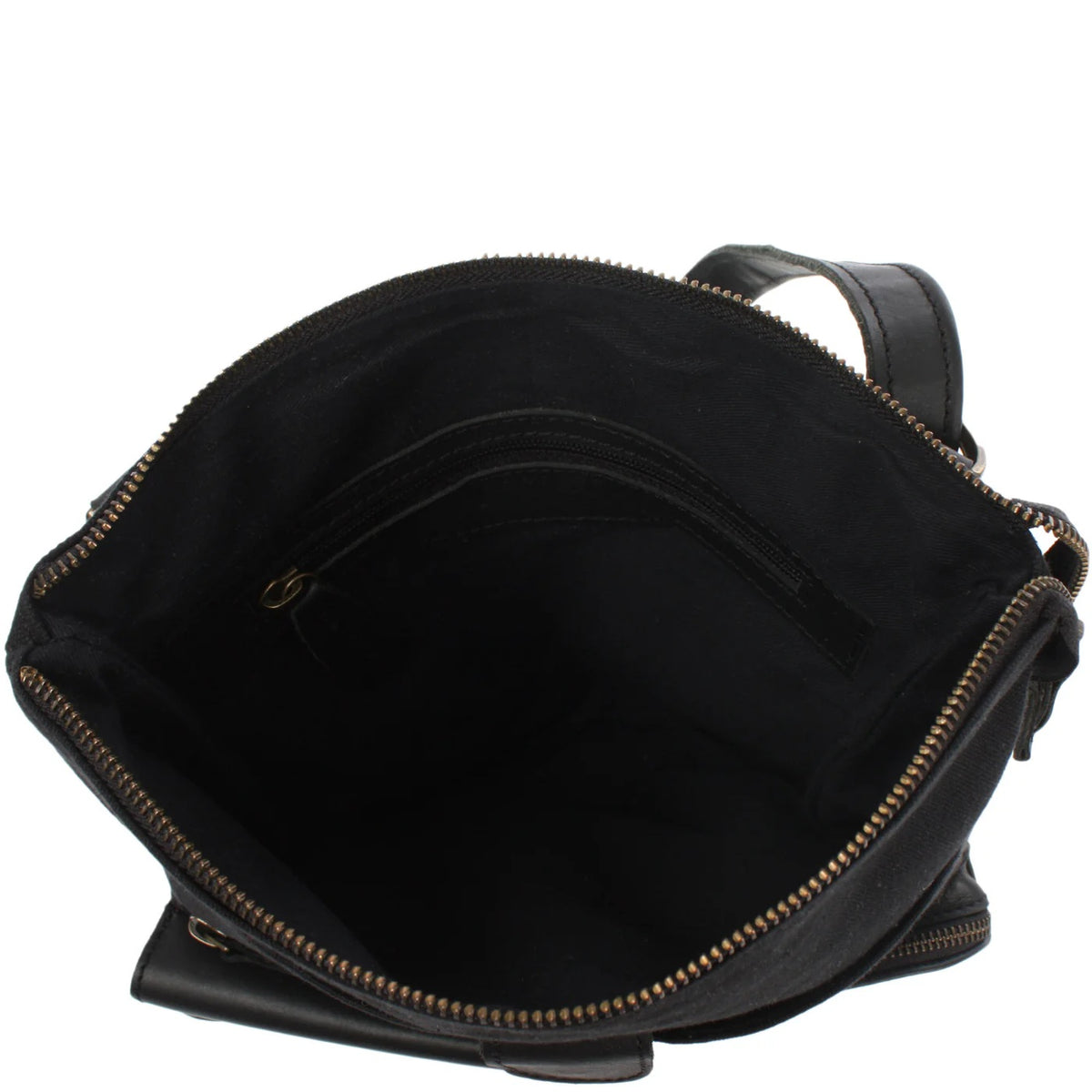 Open black Arden crossbody bag showing dark lining, zip main compartment, and interior zipper pocket