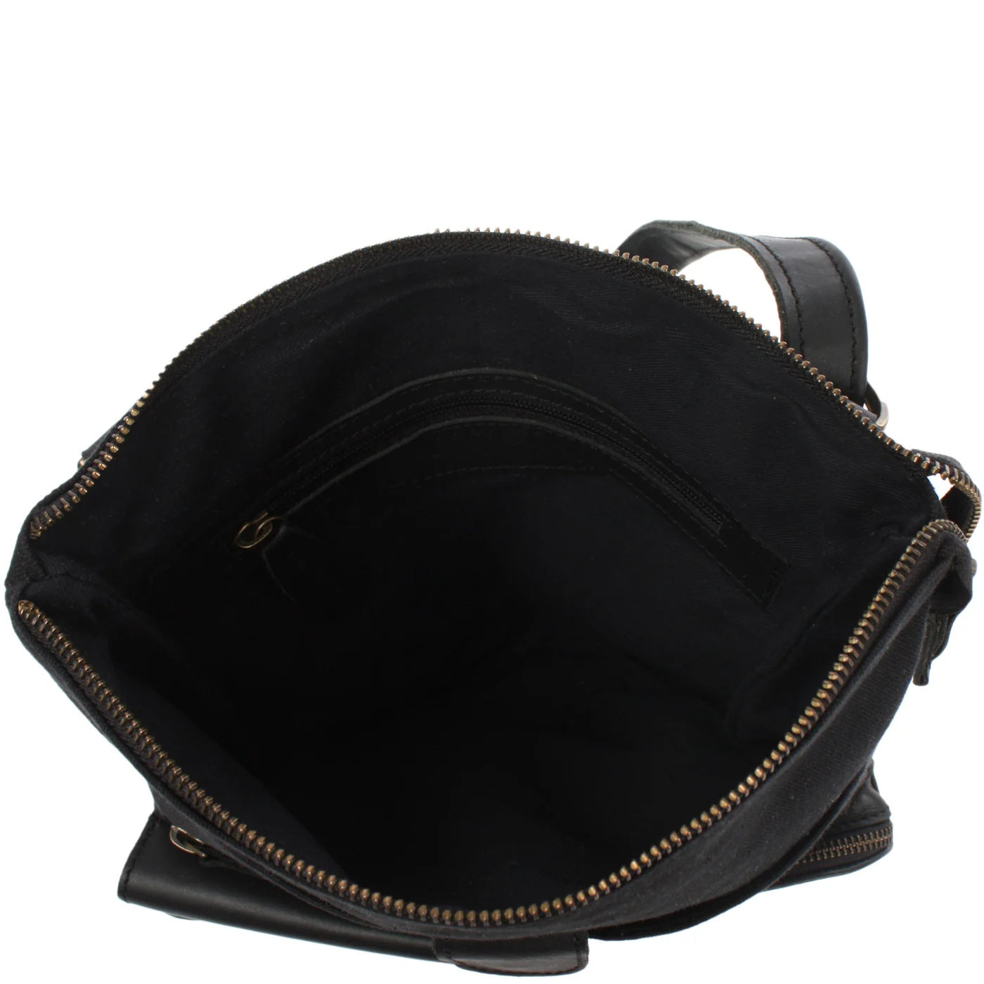 Open black Arden crossbody bag showing dark lining, zip main compartment, and interior zipper pocket