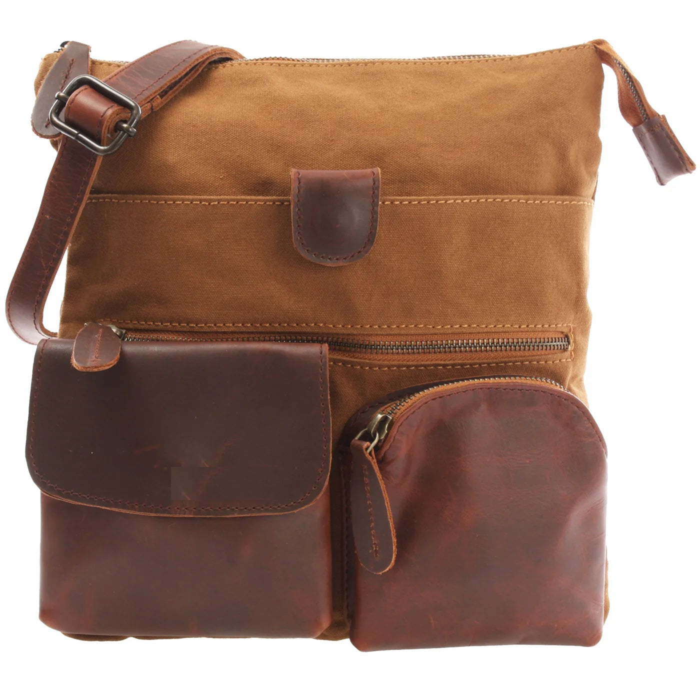 Cognac Arden canvas and cowhide crossbody bag, front view with leather pockets and adjustable buckle strap