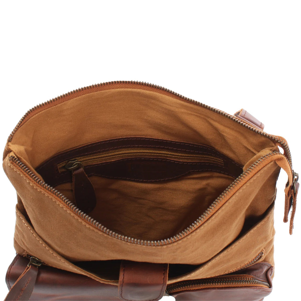 Open cognac Arden crossbody bag showing tan lining, zip main compartment, and interior zipper pocket