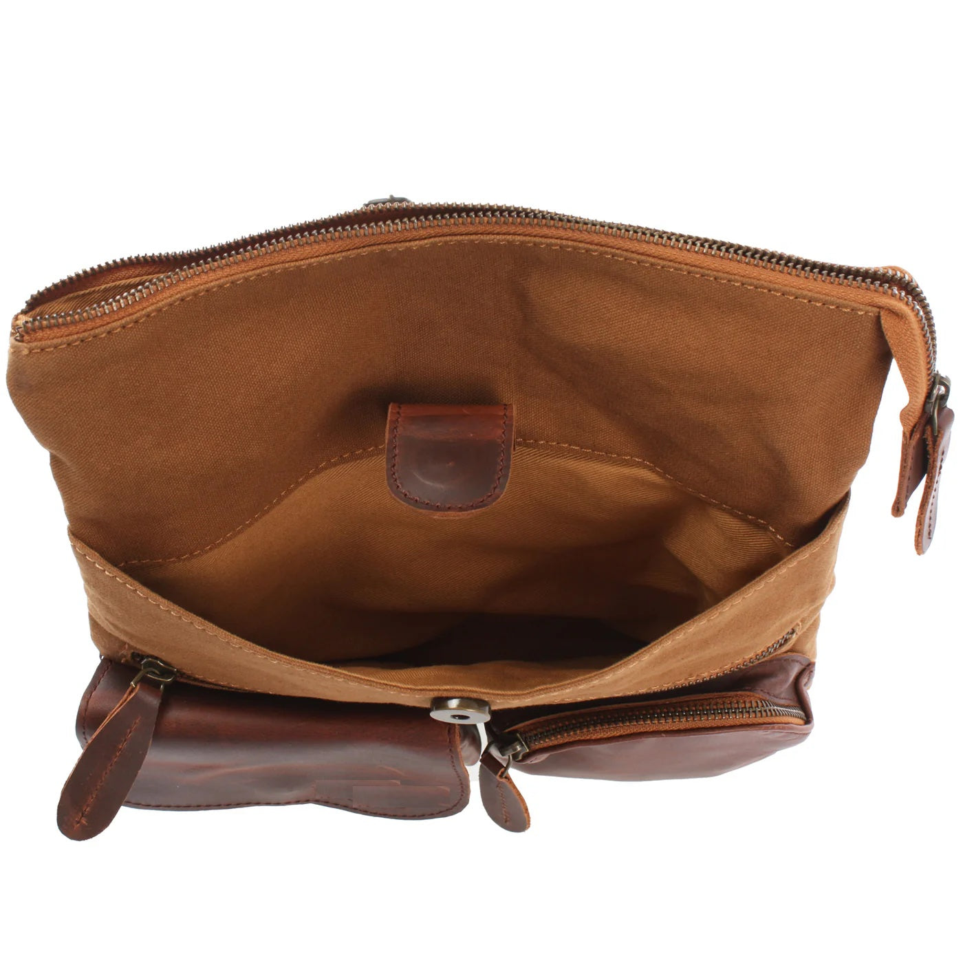 Open cognac Arden front pocket showing magnetic snap closure above two cowhide leather pouches