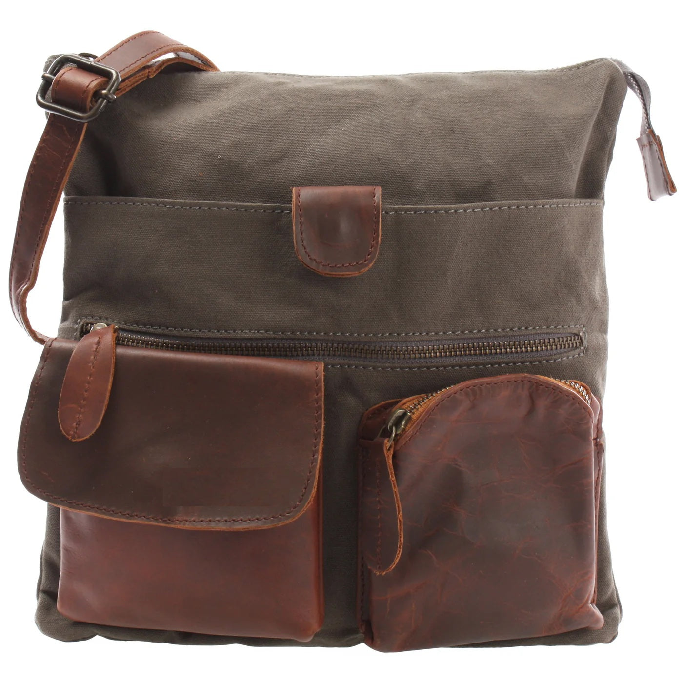 Gray Arden canvas and cowhide crossbody bag, front view with brown leather pockets and adjustable strap