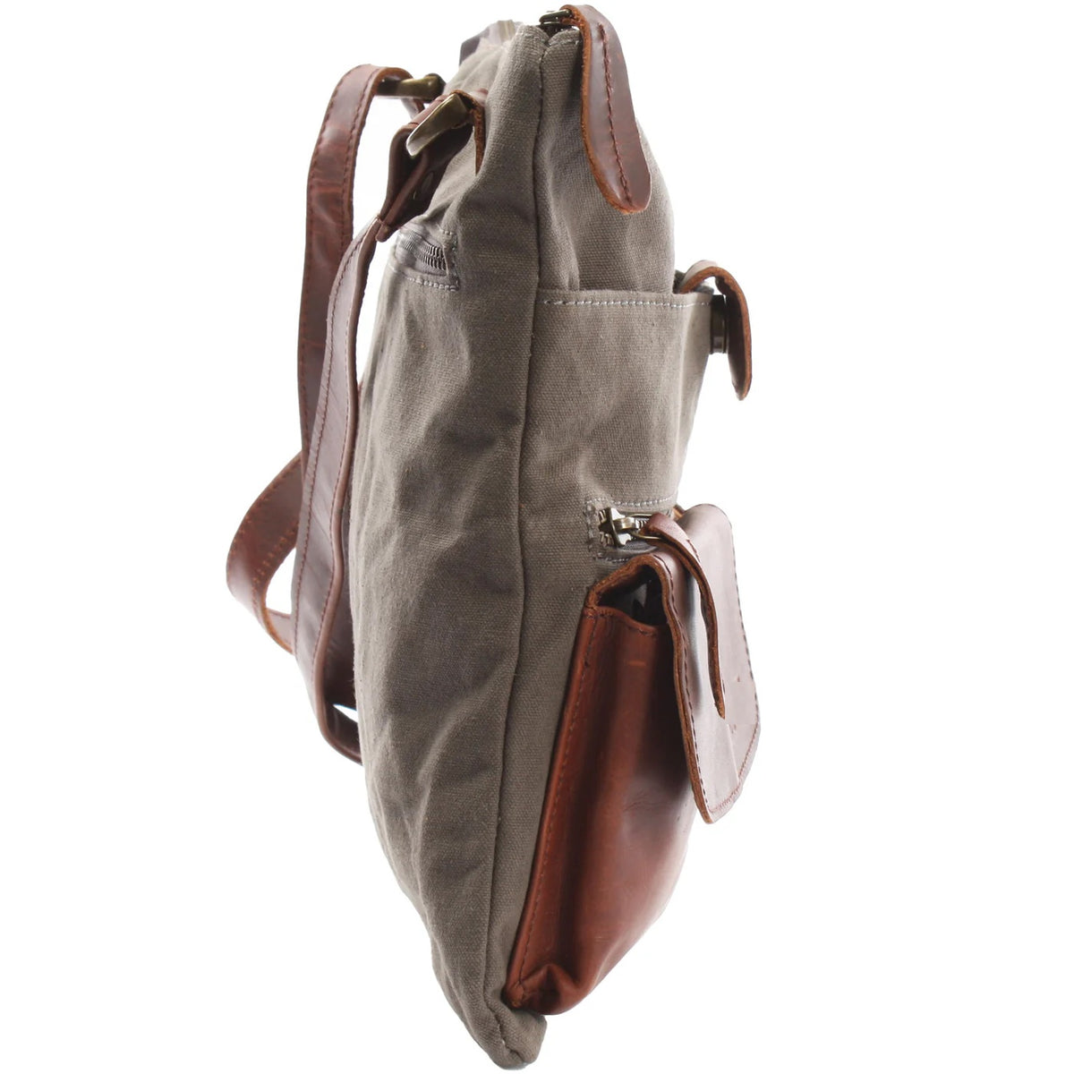 Gray Arden crossbody bag, side view showing slim 2-inch depth, leather strap, and front pouch profile