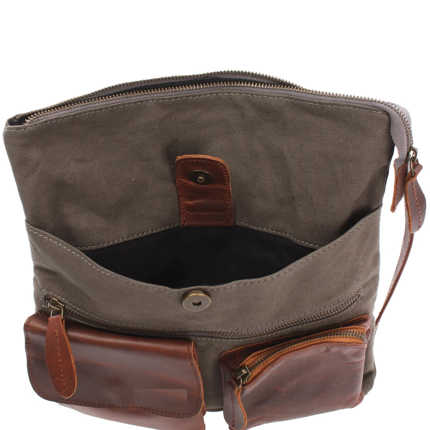 Open gray Arden front pocket showing magnetic snap closure, zipper pocket, and brown leather pouches