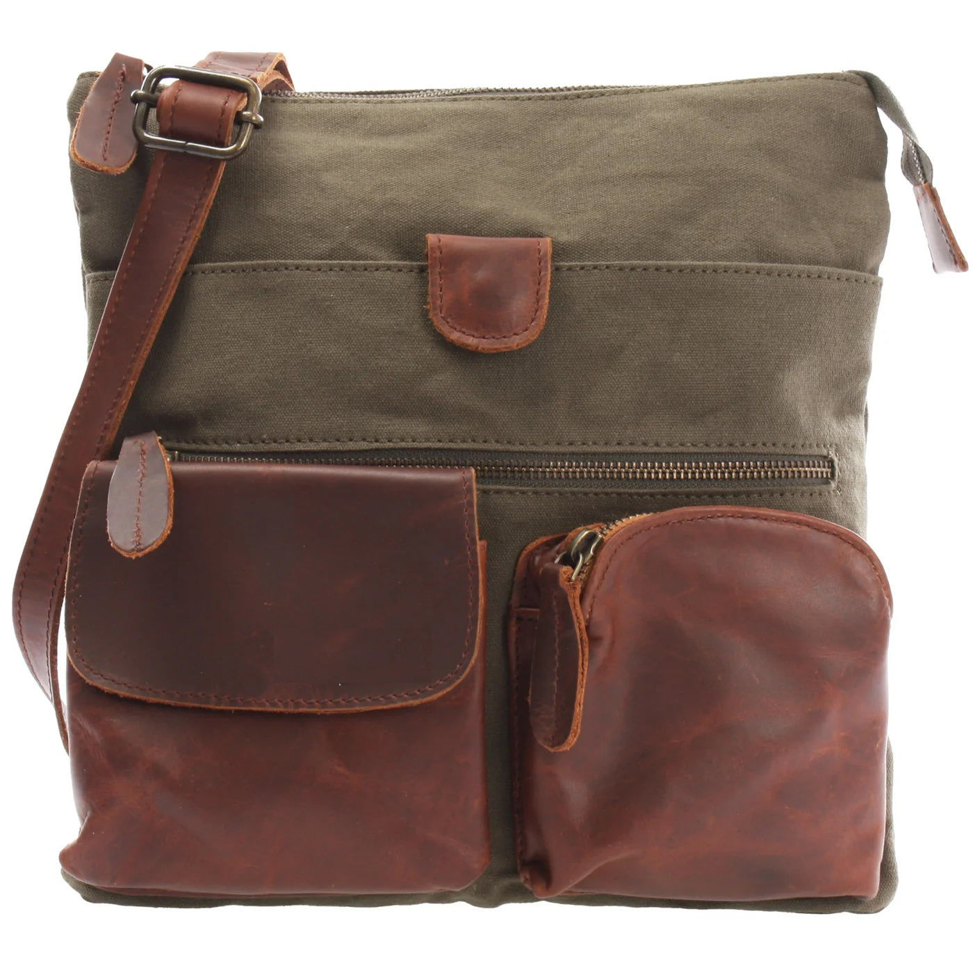 Olive green Arden canvas and cowhide crossbody bag, front view with brown leather pockets and buckle strap