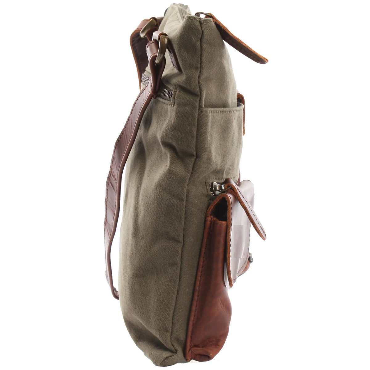 Olive green Arden crossbody bag, side view showing slim profile, leather strap, and front pouch depth